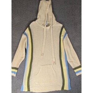Hayden Los Angeles Womens Sweater Open Knit Hood Pouch Pocket Striped Large Boho